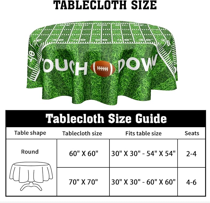 Football Round Tablecloth 60 Inch Rugby Football Pattern Circle Table Cloth Green Table Cover Washable Polyester Indoor Decorations for Home Kitchen Dinning Party