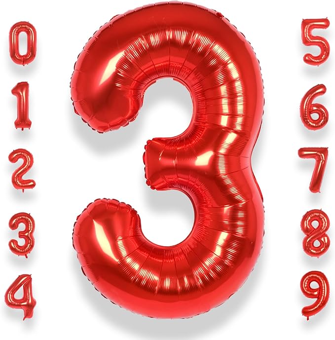 AULE 40 Inch Big Red 3 Balloon Number Large Foil Helium Number Balloons 0-9 Jumbo Giant Happy 3rd Birthday Party Decorations for Boy or Girl Huge Mylar Anniversary Party Supplies