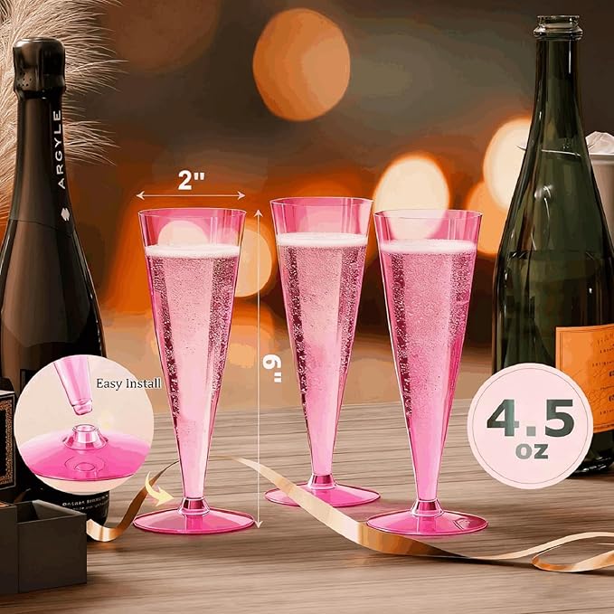 40 Pack Pink Plastic Champagne Flutes Disposable Wine Glasses, 4.5 Oz Clear Mimosa Cocktail Toasting Cups Bulk for 2026 New Year Eve Party Supplies Wedding Bride, Women's Day Decor