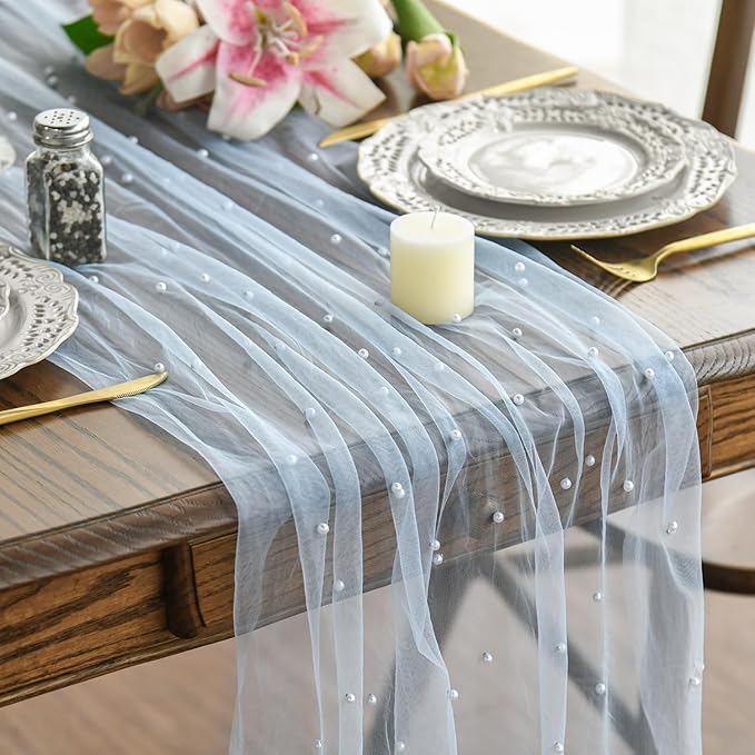 Artoid Mode 3PCS Pearl Blue Gauze Table Runner 120 Inch 10FT, Seasonal Sheer Dining Holiday Wedding Birthday Baby Shower Table Decor for Home Party