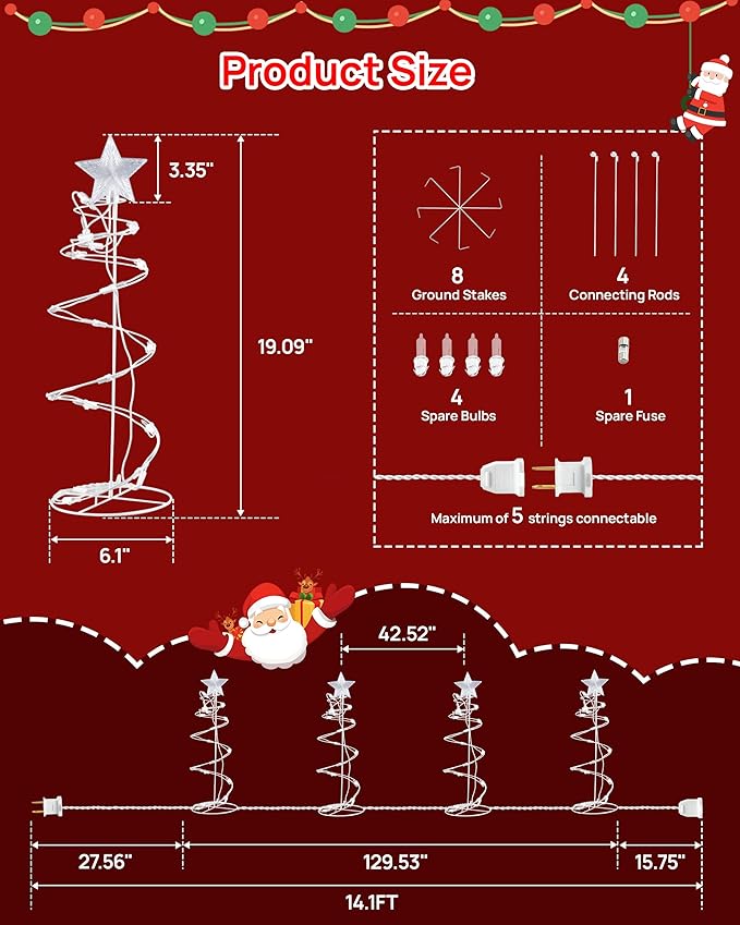 Spiral Christmas Tree Pathway Lights 4 Pack - Warm White Spiral Lighted Christmas Lights Waterproof - Plug in Collapsible Pathway Light for Outdoor Indoor Christmas Yard Decorations