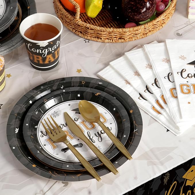 Graduation Party Supplies Congrats Grad Plates and Napkins Set Serve 50, Disposable Tableware Paper Plates Napkins Cup Knive Spoon Fork Straw for Class of 2026 Graduation Party Decorations Black Gold