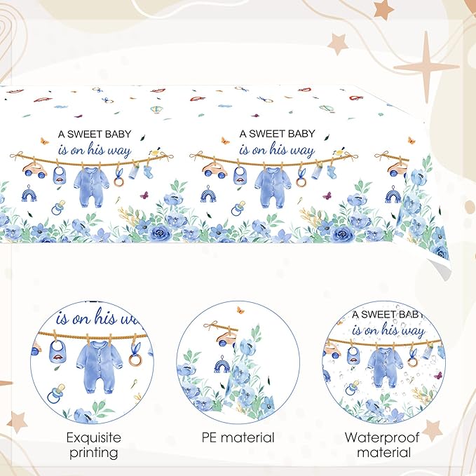 3 Pcs Baby Shower Decorations Boy A Sweet Boy is On His Way Party Supplies Blue Table Cover,Gender Reveal Table Cloths Decorations,55in x 86in