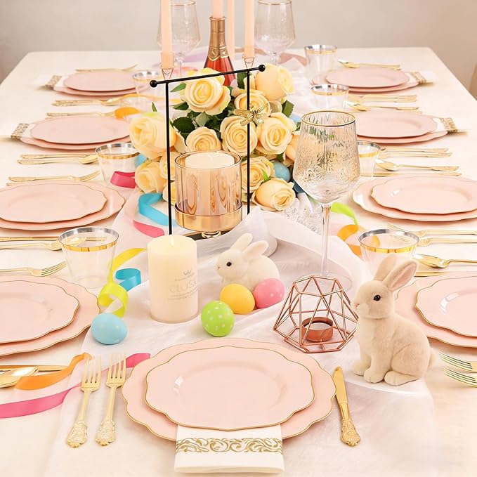 NOCCUR 175PCS Pink Plates with Gold Disposable Silverware - Include 50 Pink Plastic Plates,25 Knives,25 Forks,25 Spoons,25 Cups and 25 Napkins - Ideal for Party/Wedding/Easter Day