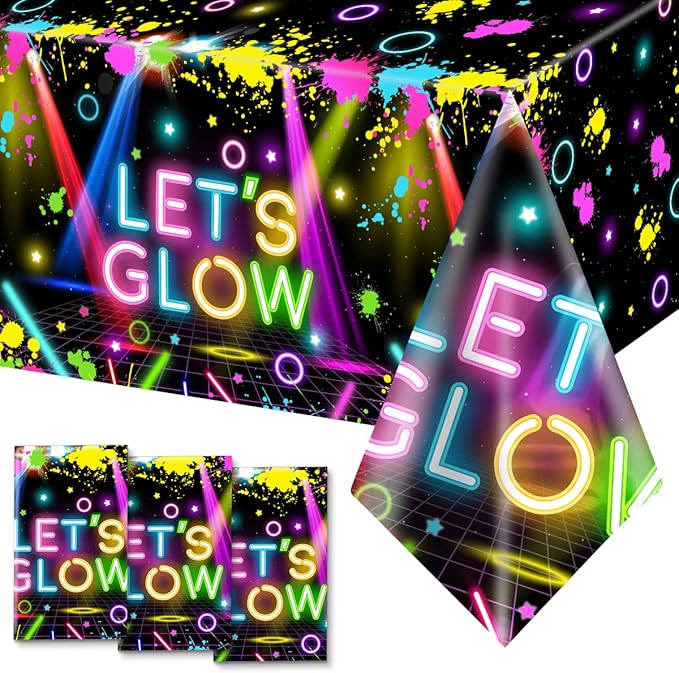 HAKOTI 3Pack Neon Tablecloth,Glow Party Supplies Neon Birthday Rectangle Table Cover Let's Glow Theme Table Decoration for Birthday Baby Shower Party Supplies