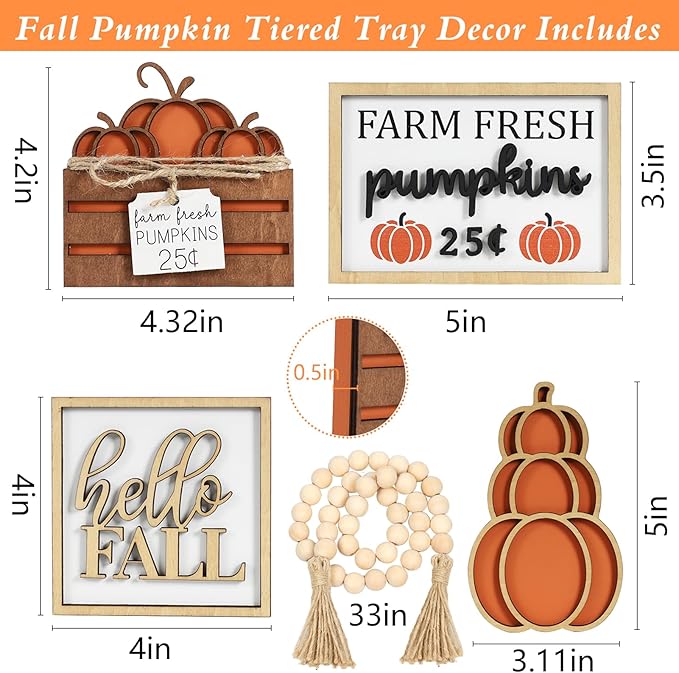 DAZONGE Fall Decor, 5PCS Fall Decorations for Home, Hello Sign, Stacked Pumpkin, Farm Fresh, Pumpkin Crate, Bead Garland, Rustic Tiered Tray Decor