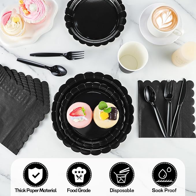 175 Pcs Black Plates and Napkins 25 Guest Black Party Supplies Includes Scalloped Party Plate Napkins Cups Plastic Cutlery for Birthday, New Year