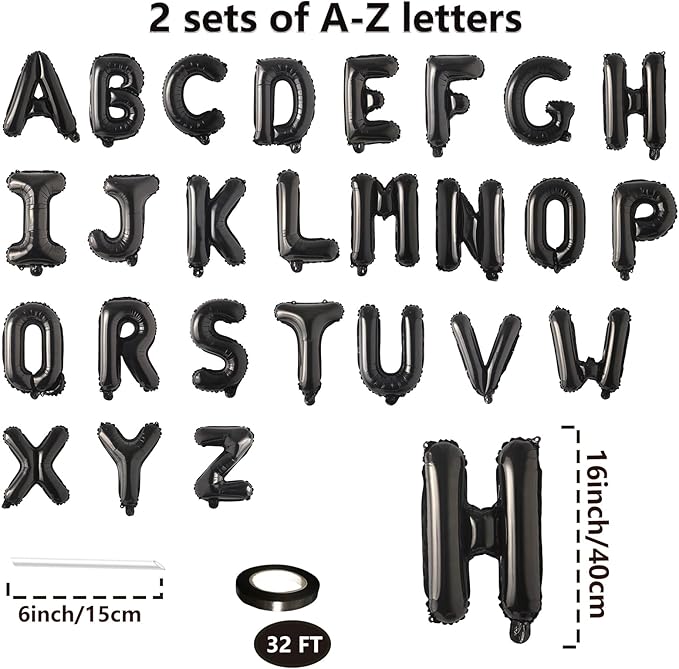 52 Pcs 2 Sets of 16 Inch “A-Z” Letter Balloons Set – Complete Alphabet Mylar Foil Balloons (Each Letter Includes 2 Balloons) for Birthday, Graduations, New Year, and Party Decorations (Black)