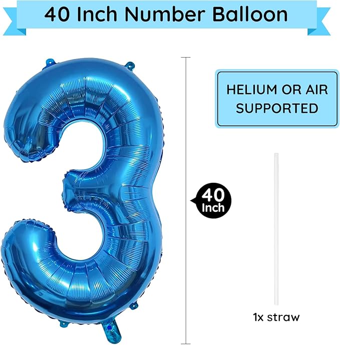 40 Inch Blue Number Balloon 3, Large Number Foil Balloons Mylar for Girl Boy Birthday Party Celebration Decorations Supplies, Digital Balloons for Wedding Anniversary Events Decorations