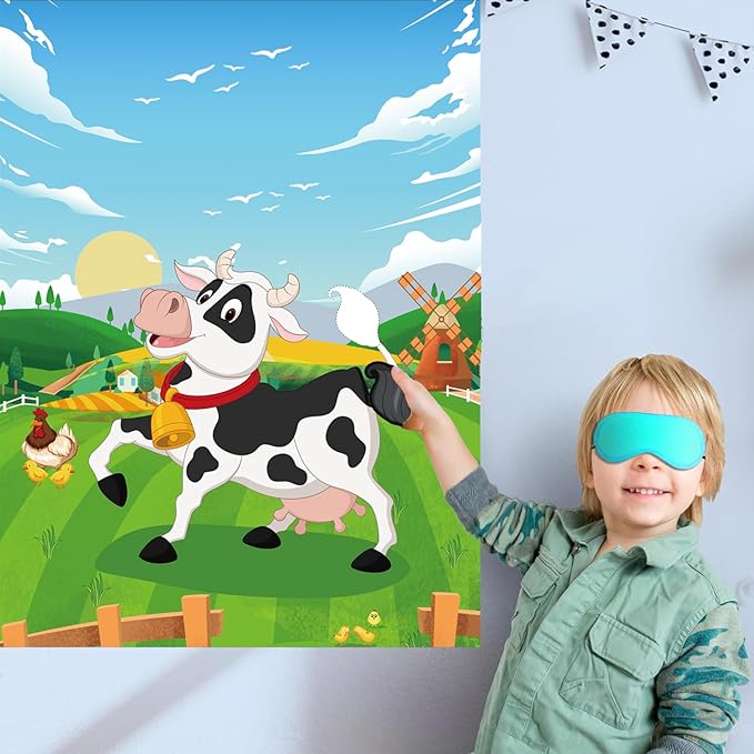 T-Antrix Pin The Tail on The Cow Game -Farm Themed Birthday Games for Kids with 21'' x 28'' Large Poster, Resuable Tails Stickers Farm Party Decorations Kids Birthday Party Favors