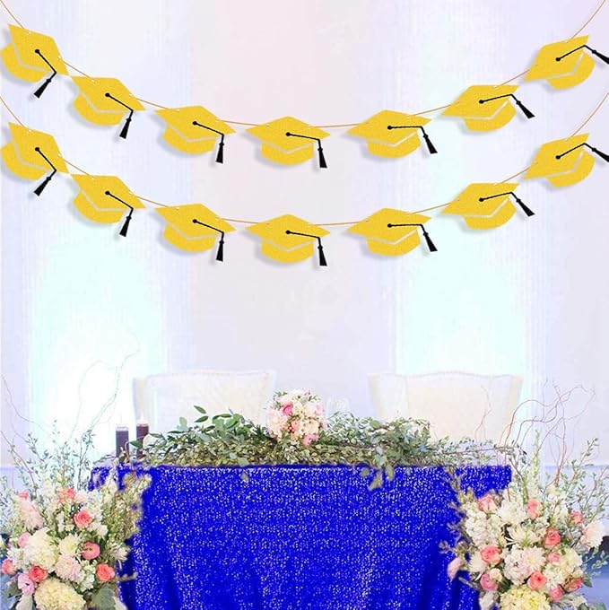 2026 Graduation Hat Banners Garlands Gold Glitter Graduation Party Decoration Banners Graduation Cap Banners Garlands Class of 2026 Graduation Party Banners for College High School