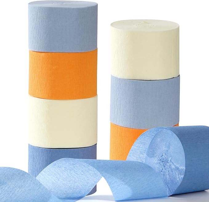 Light-Dusty Blue Beige-Orange Party-Decorations Streamers - 8 Rolls Graduation 2026 Boho Fall Birthday Baby Bridal Shower Crepe Tissue Paper Streamer,Bachelorette Engagement Decor Lasting Surprise