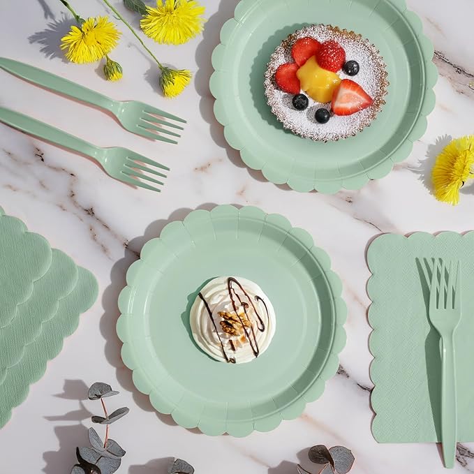 105PCS Paper Plates and Napkins Set,7 Inch Scalloped Disposable Tableware with Forks for Birthdays, Garden Parties & Outdoor Events,Serves 35 (Sage Green)