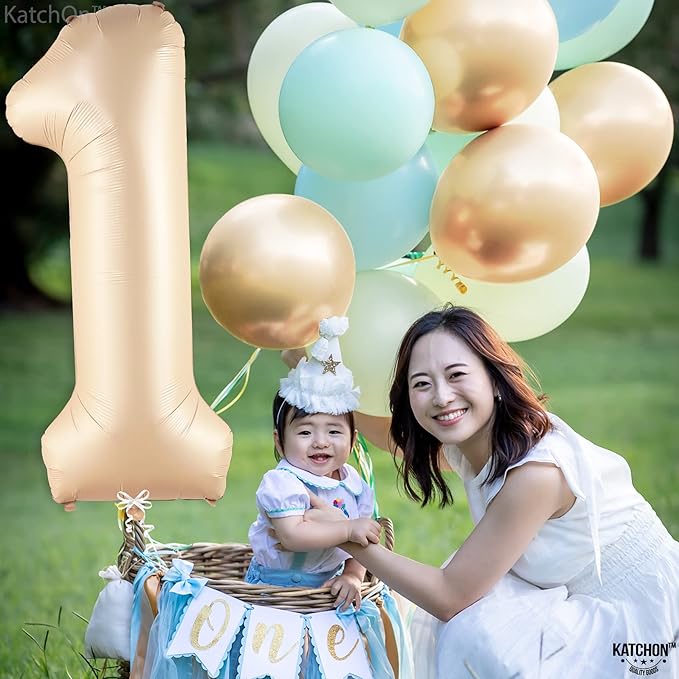 KatchOn, Giant 1 Balloon Number - 40 Inch Beige | Number One Balloon for 1st Birthday Decorations | First Birthday Decor for Boy or Girl | Helium Foil Balloons for 1st Anniversary Decorations