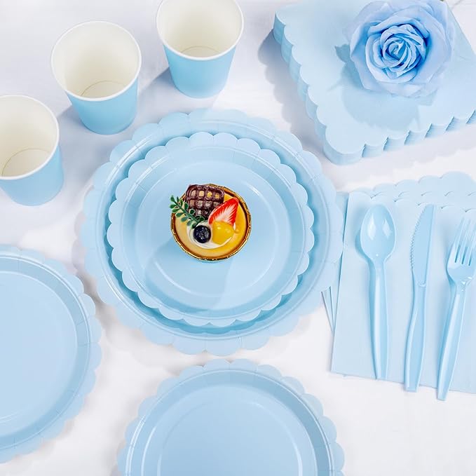 LIYH 350 Pcs Light Blue Paper Plates and Napkins 50 Guest Blue Party Supplies Include Scalloped Easter Paper Plates Cocktail Napkins Cups Spoons Forks Knives for Baby Shower,Birthday
