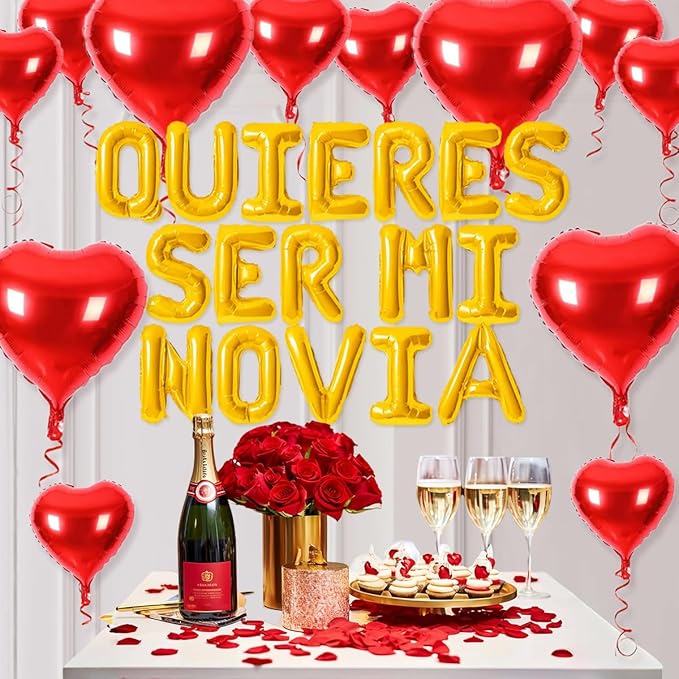 2 Set 16 Inch QUIERES SER MI NOVIA Balloons, Gold Will You Be My Girlfriend Letter Balloons Spanish with 200pcs Artificial Rose Petals for Valentines Anniversary Day Banner Decorations