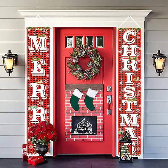 FECEDY Merry Christmas Hanging Banner Porch Sign with Pattern Christmas Tree Presents Snow Banner for Home Yard Indoor Outdoor Wall Door Christmas Party Decorations 72"x12"