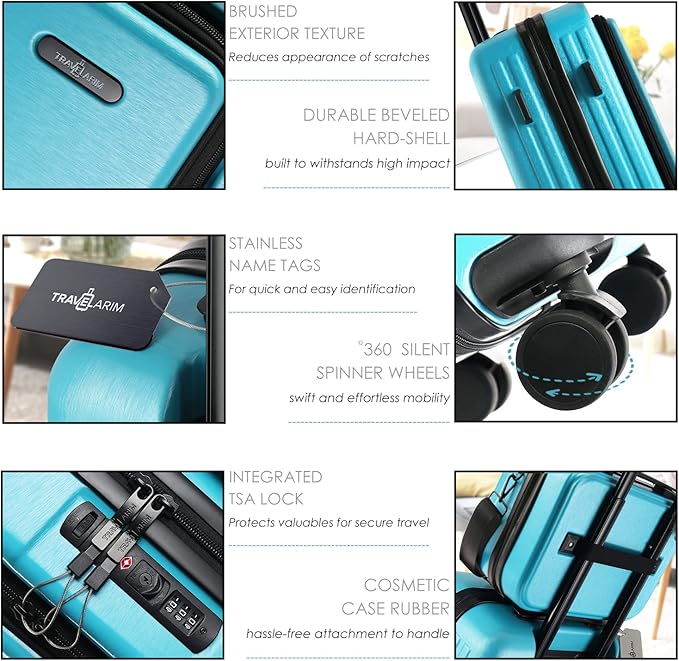 TRAVELARIM 20 Inch Carry On Luggage 22x14x9 Airline Approved, Carry On Suitcase with Wheels, Hard-shell Carry-on Luggage, Durable Luggage Carry-On, Teal Small Suitcase with Cosmetic Case