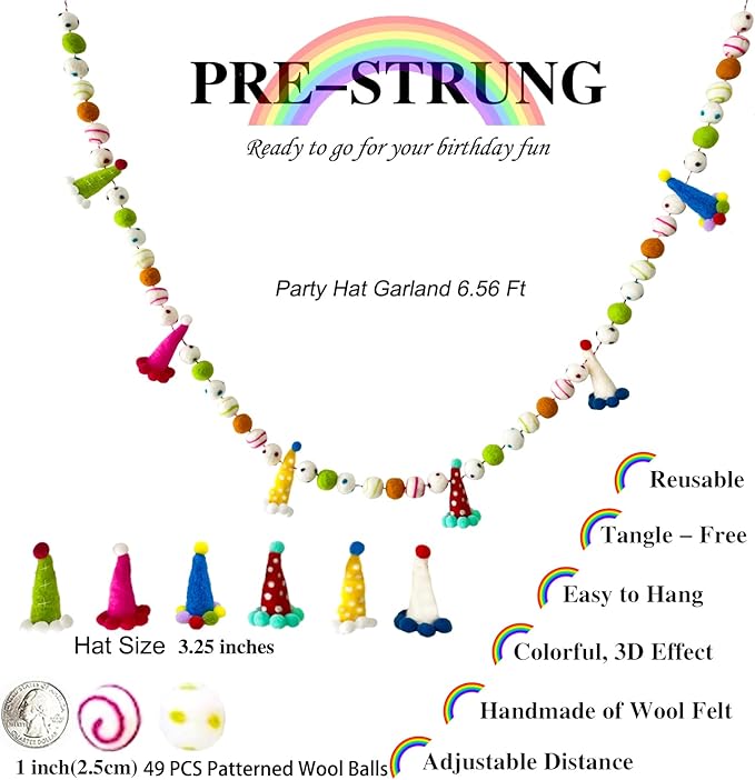 Pre-Strung Personalized Felt Ball Garland, Reusable Happy Birthday Banner, Rainbow Felt Garland, Colorful Birthday Decorations, Cute Party Hats for Birthday Holiday Party Home Wall Mantel Decor