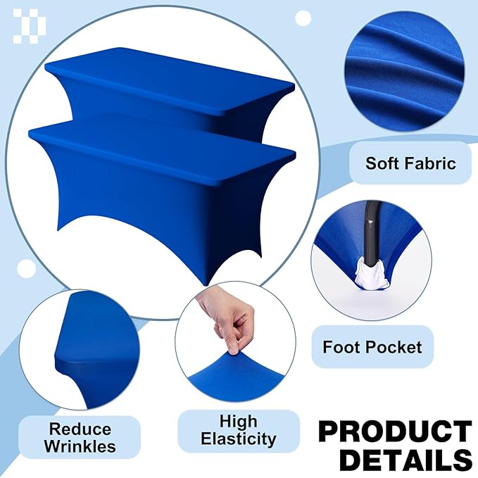 Trlyc 2 Pack 6FT Spandex Table Cloth - 72 x 30 Inch Rectangular Stretch Tablecloth, Wrinkle Resistant Scretch Table Cover for Wedding, Party, Banquet, Picnic, Outdoor Decoration (2Pcs,Royal Blue)