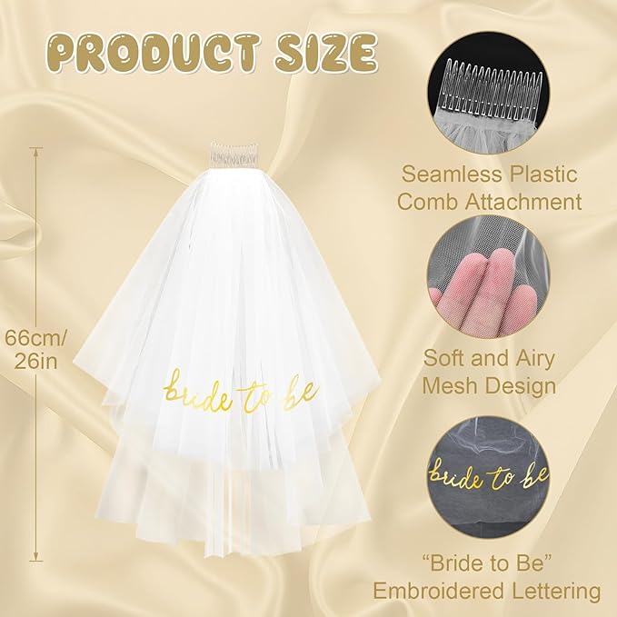 Gold Bride to Be Sash Veil for Bachelorette Party Accessories, 2 Pack Bride to Be Decorations Set for Women and Girls, Bridal Shower Decorations, Engagement Gifts for bride