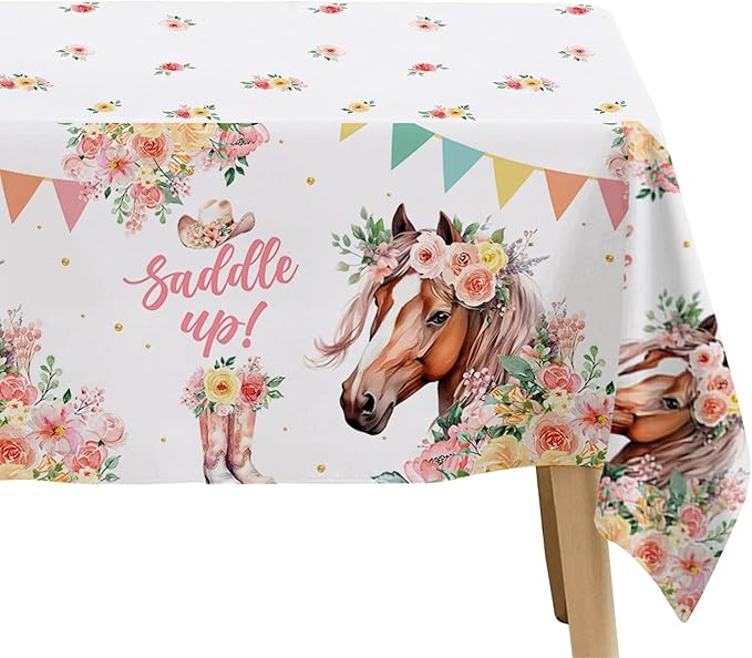 Cowgirl Party Decorations Tablecloth, 3Pcs Disposable Saddle Up Horse Party Tablecover Supplies for Girls, Western Wild West Cowgirl Birthday Baby Shower Table Cloth, 86in x 55in