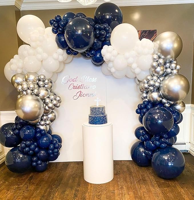 Navy Blue and Silver Balloons Garland Arch Kit,150pcs Navy Blue Silver and White Latex Balloons in Different Sizes for New Year Graduation Baby Shower Birthday Prom Wedding Party Decorations