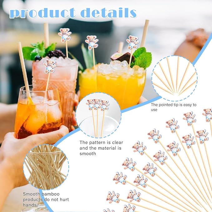 100Pcs Bear Theme Cocktail Picks We Can Bearly Wait Baby Shower Decor Long Toothpicks Fruit Sticks Skewers for Appetizer Charcuterie Food Garnish, Teddy Bear Themed Decorations Birthday Party Supplies