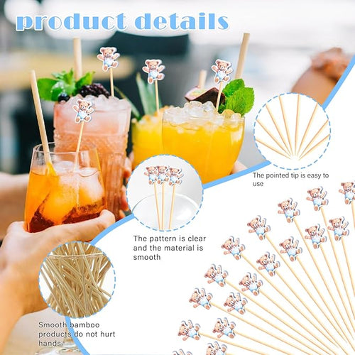 100Pcs Bear Theme Cocktail Picks We Can Bearly Wait Baby Shower Decor Long Toothpicks Fruit Sticks Skewers for Appetizer Charcuterie Food Garnish, Teddy Bear Themed Decorations Birthday Party Supplies