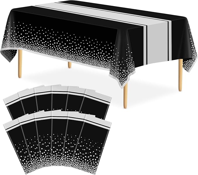 12 Pack Black and Silver Tablecloth Party Decorations Plastic Black Tablecloth Printed Silver Table Runner 54 x108 Inch Disposable Rectangle Table Cover for Birthday Wedding Graduation