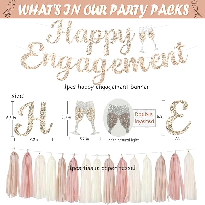 Engagement Party Decorations, Champagne-Gold Glitter Happy Engagement Banner, Almost Married/Just Engaged Photo Background, Boho Tassel Garland Congratulations Wedding Bachelorette Party Shower Décor