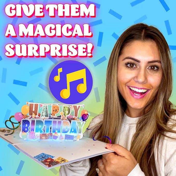100 GREETINGS 3D Pop Up Birthday Card - Plays 'Happy' with Lights & Music, Unique BDay Singalong for Women, Men, Mom, Grandma & Grandpa