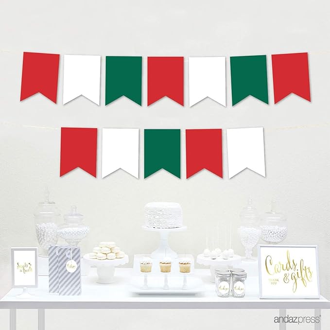 Andaz Press Hanging Pennant Banner with String, Red, White, Emerald Green, 1-Set, 24 Pennants, Approx. 12-Feet Long, Christmas Theme Colored Supplies