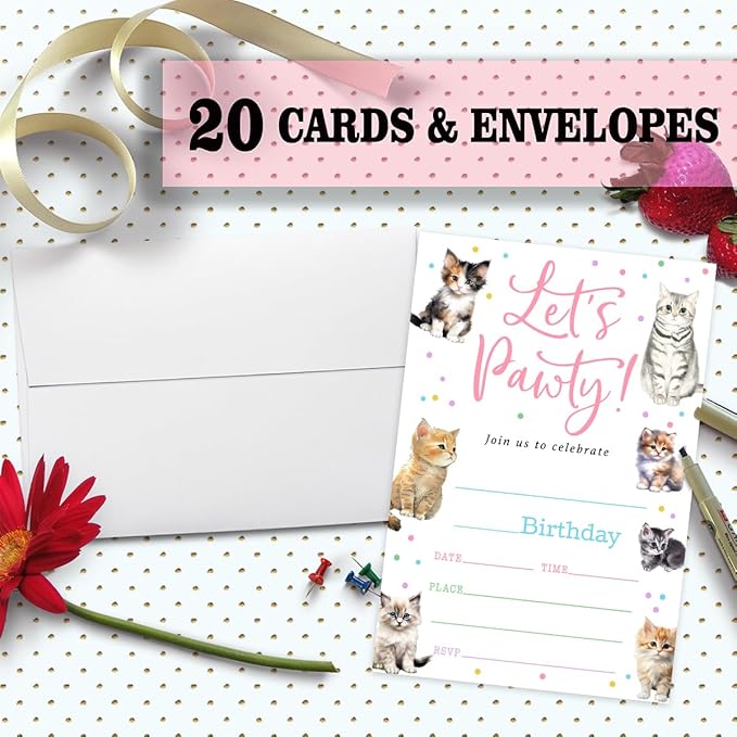 Cat Birthday Party Invitation Cards For Girls Boys Kids, Let's Pawty Birthday Party Supplies Favors, 20 Fill-In Invitation Cards with Envelopes -20