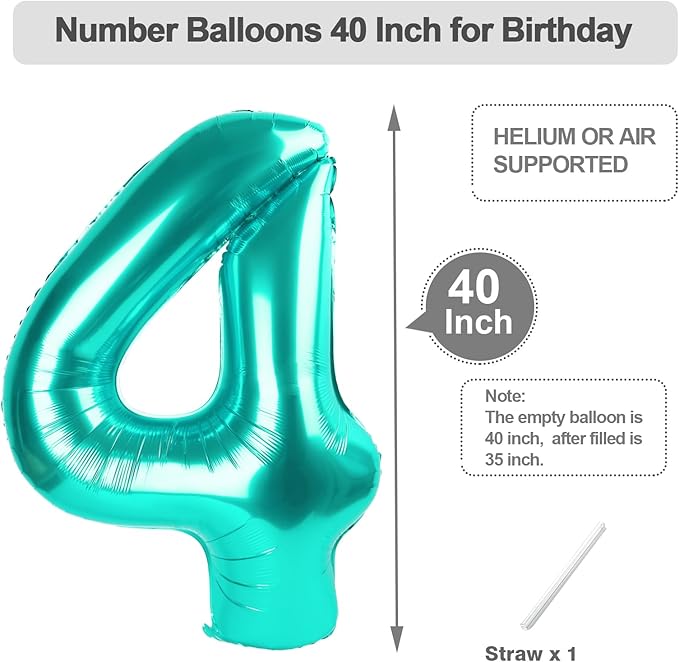 4 Birthday Balloons, 40 Inch 4 Balloons for Birthday Party Decoration, Blue-Green Number 4 Ballon for 4, 14, 24, 40 Celebration, Birthdays, Christmas, Anniversary Decor