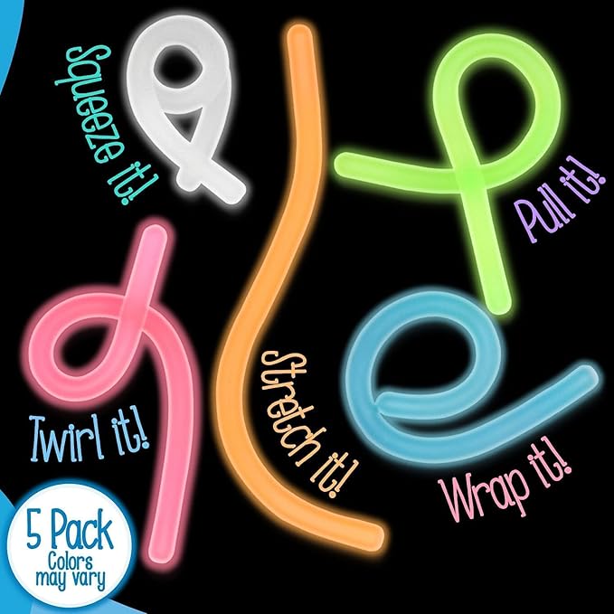 IMPRESA Noodles Toy - Glow-in-The-Dark Stretchy String Fidget - Sensory Noodle Toy for Kids & Adults - 5-Pack, Multicolor - Glow in The Dark