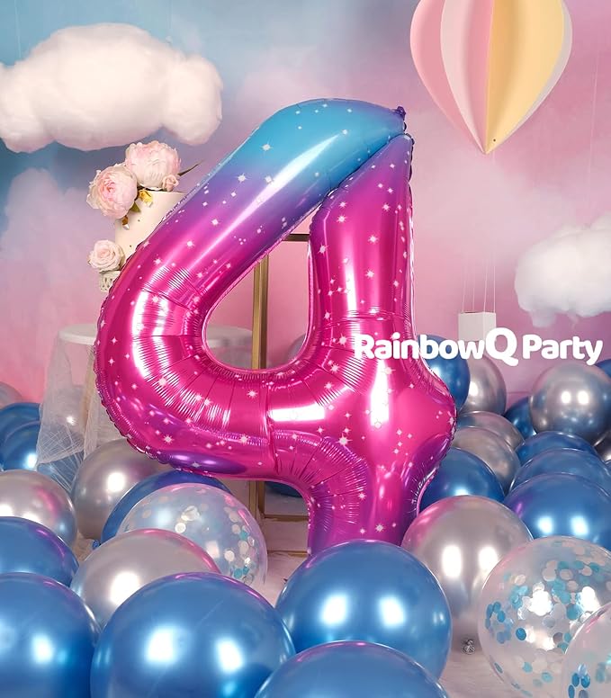 4 Balloon Number 40 Inch for Boy or Girl Big Starry 0-9 Foil Mylar Large 4 Number Balloon Happy 4th Birthday Party Anniversary Decorations Supplies
