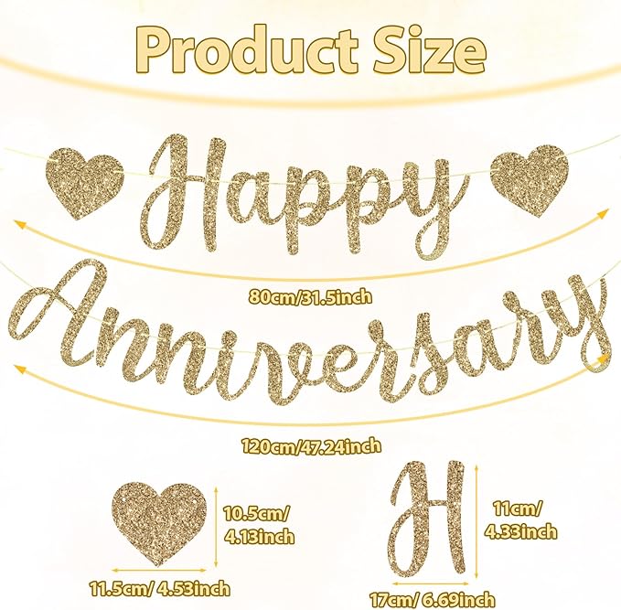 Happy Anniversary Banner, Glitter Happy Anniversary Decorations No DIY Anniversarys Decor Gold Glitter Bannersfor Wedding Anniversarys Party Decorations