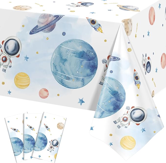 3 Pack First Trip Around The Sun Space Tablecloths, 54 x 108 Inch Outer Space Themed Tablecloth Waterproof Rectangle Star Party Table Cover for 1st Birthday Baby Shower Home Party Decorations