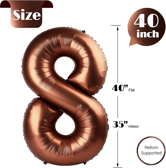 Coffee Brown Number 8 Balloon 40 Inch, 8 Balloon Number, 8th Birthday Decorations, Coffee Brown Party Supplies for Boys Girls