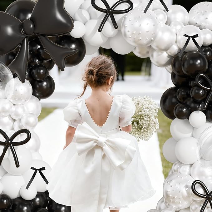 Black and White Balloons Arch Kit,JOGAMS 187Pcs White Black Bow Birthday Party Decorations with Bow Double Stuffed Pearl White Balloons Ribbon Pearl Stickers for Birthday Bachelor Bridal Baby Shower