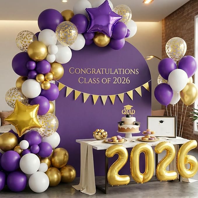 Purple Gold White Balloons Arch Kit, Purple White Balloons with Star Balloon Pennant Flag Bunting 2026 Foil Balloon Banner, Gold Confetti Balloon Garland for Class of 2026 Graduation Theme Party