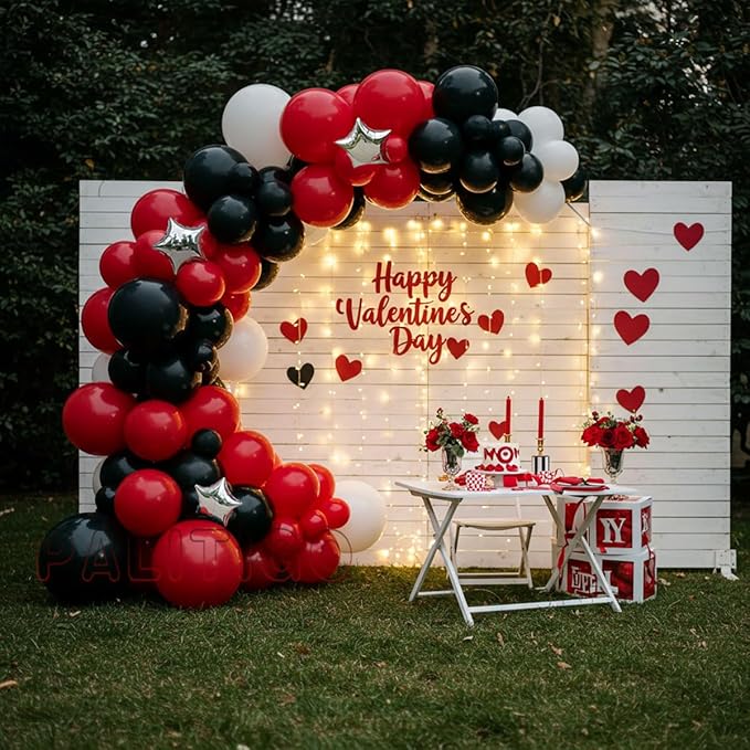 Red Black White Balloon Arch Kit with Silver Star Foils – Double Stuffed Balloons in 5” 12” 18” Sizes for Graduation, Birthday, Retirement, Racing, Casino, Poker Party Decorations