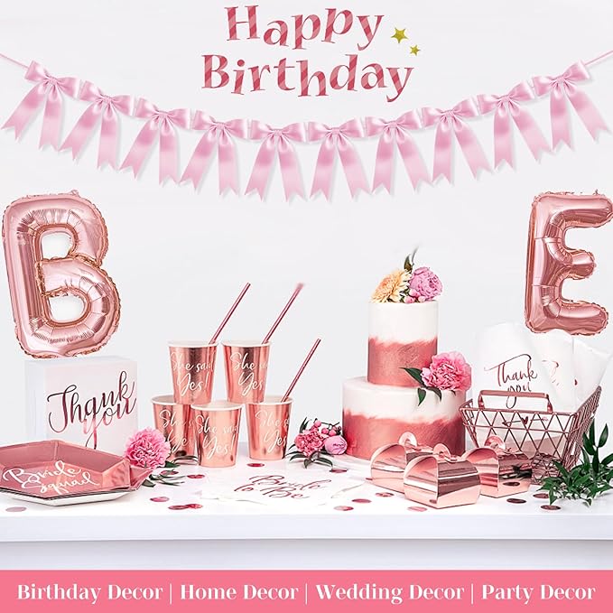 Baby Pink Bow Garland Bow Banner Bow Party Decorations Pre-Strung Large Coquette Satin Ribbon for Birthday Bachelorette Party Bridal Shower Wedding Engagement Baby Shower