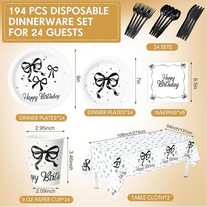 Pickmesh 194 Pcs Black Bow Birthday Decoration Coquette Birthday Tableware Set Includes Black Bow Paper Plates Napkins Cups Tablecloth Coquette Party Supplies for Baby Shower Bachelorette Party Decor