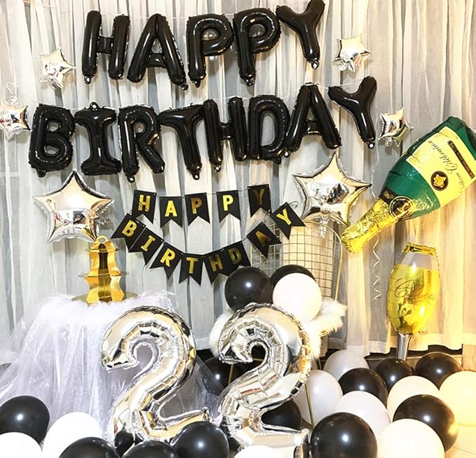 KALOR Black Happy Birthday Balloons Banner, 16 Inch Mylar Foil Letters Balloon Sign for Birthday Party Decorations Photo Booth Backdrop