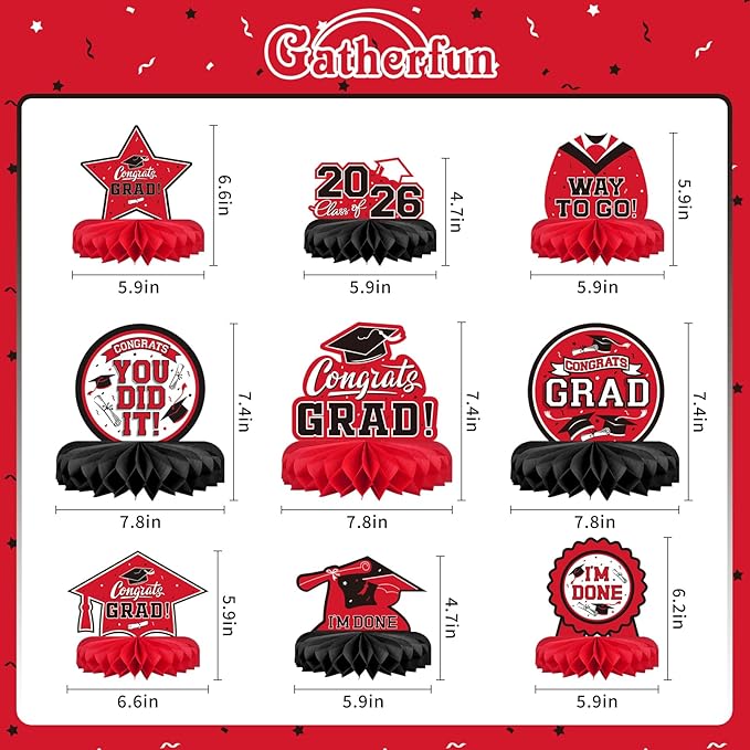 9PCS Graduation Decorations 2026 Congrats Grad Table Centerpiece Congratulate Graduation Honeycomb Table Toppers for Graduation Party Supplies(Red,Black）