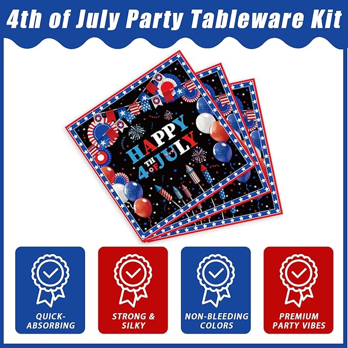 96 Pcs 4th of July Patriotic Party Plates, Independence Day Party Decorations Supplies Fourth of July American Flag Memorial Veterans Day Tableware Disposable Dinnerware Set, Serves 24