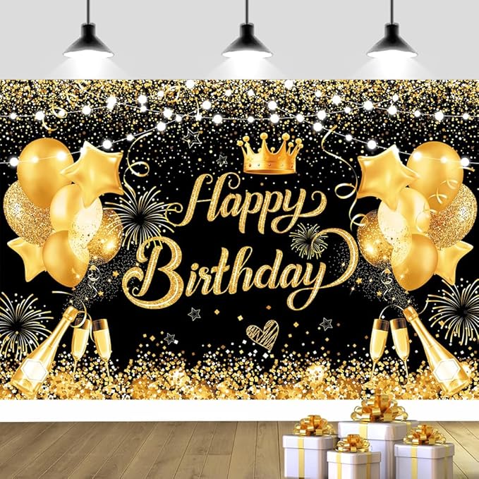 YinQin 180x120 cm Glitter Black Golden Happy Birthday Backdrops Photography Backgrounds Cloth 71x47 inch Bday Party Decorations Black Gold Happy Birthday Sign Banners for Men Women