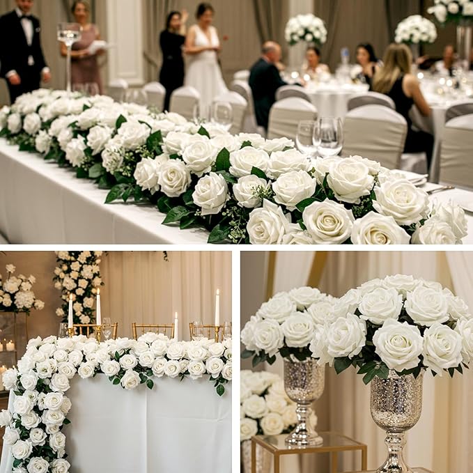 Auihiay 64PCS White Roses Artificial Flower, Fake Silk Roses, Artificial Roses Bulk for Wedding Decorations Table Centerpieces, Mother's Day Valentine's Day Home Decor